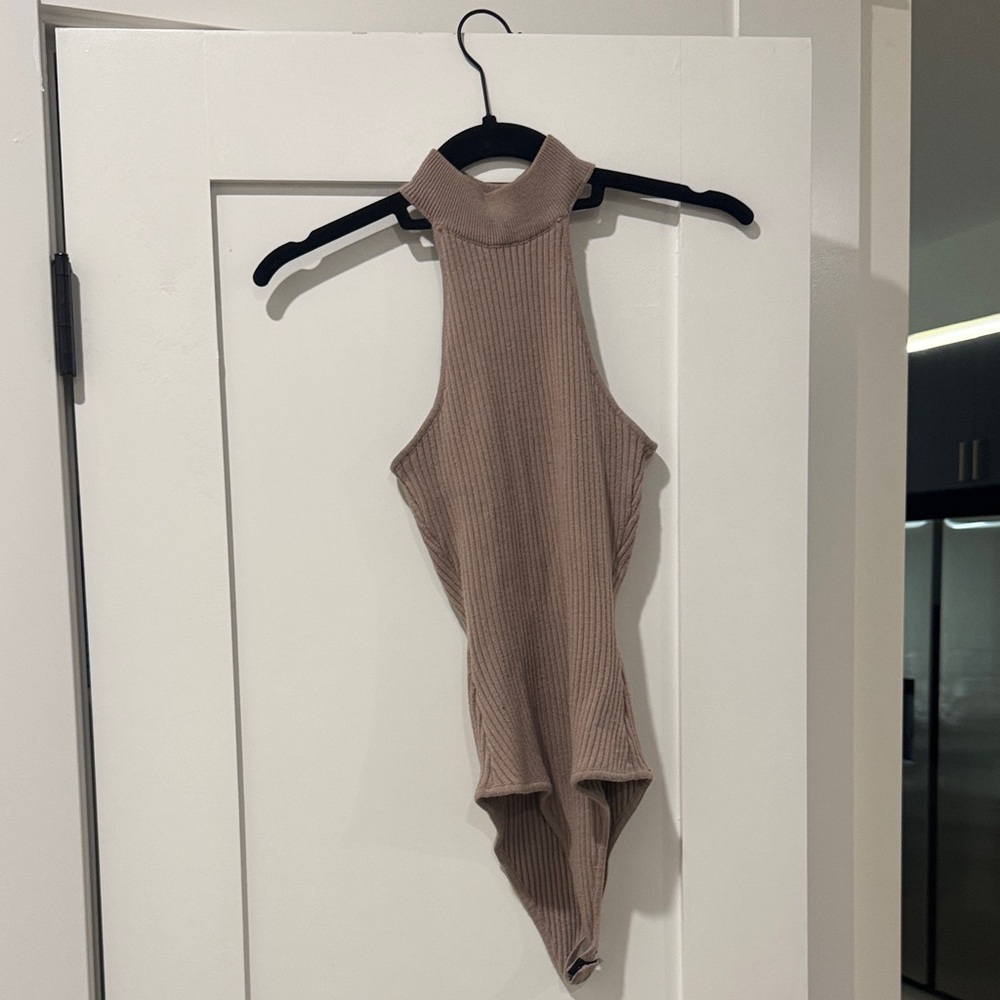 Ribbed High-Neck Sleeveless Bodysuit - Taupe